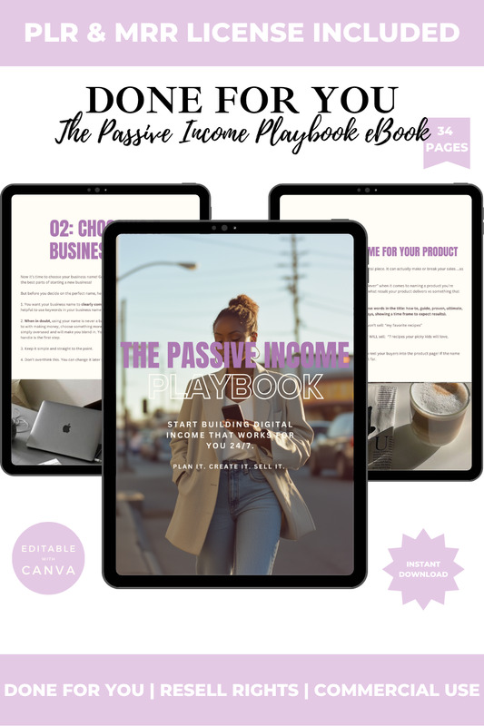 Ebook cover titled 'The Passive Income Playbook' with a tablet displaying the ebook on a white background.