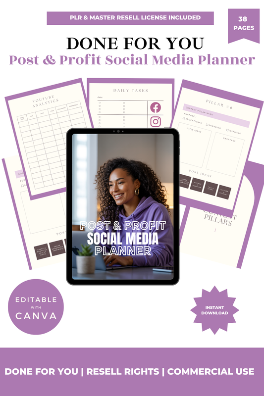 Social media planner with tablet displaying the planner's cover on a purple background