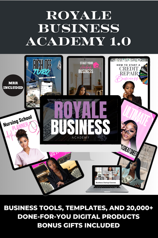 Promotional graphic for Royale Business Academy 1.0 with various product images and text on a dark background.
