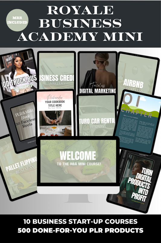 Promotional graphic for Royale Business Academy Mini with digital product screens and text.
