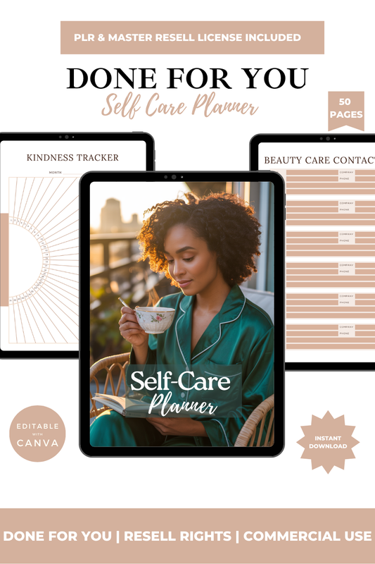 Self-care planner with a woman holding a cup, featuring Kindness Tracker, Beauty Care Contacts, and other sections.
