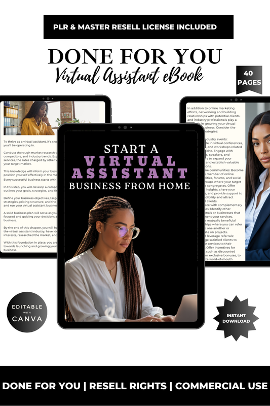 Ebook cover for starting a virtual assistant business with text and images of people working.